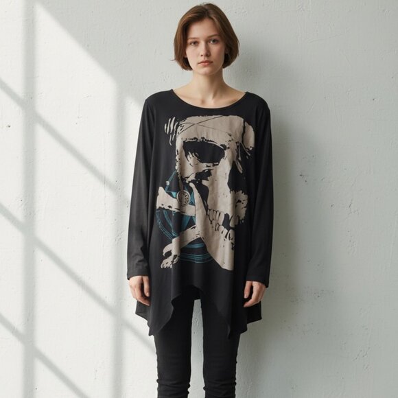 Allegra K Black Tunic Top Skull Design Asymmetric Hem S - Picture 2 of 3